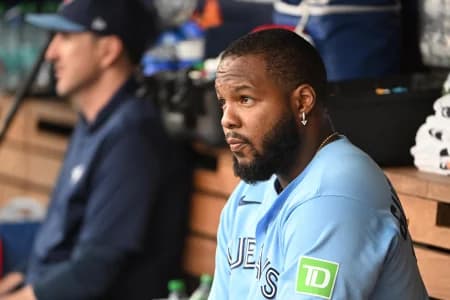 Toronto Blue Jays first baseman Vladimir Guerrero Jr. (27) in the dugout before the game against the Washington Nationals at Nationals Park.