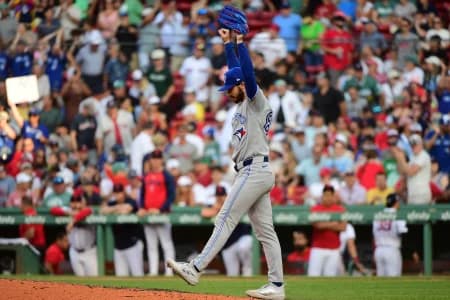 Toronto Blue Jays pitcher Dylan Cease (84) reacts after the final out in defeating the Boston Red Sox at Fenway Park.