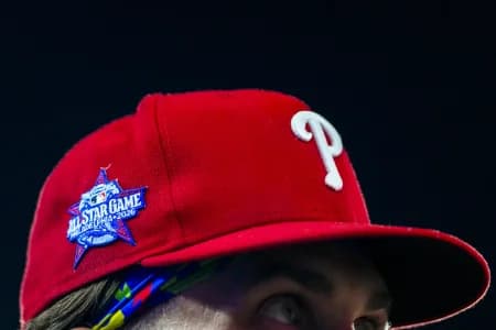 A detailed view of the All-Star Game logo on the hat of Philadelphia Phillies first baseman Bryce Harper (3) during an MLB game against the Toronto Blue Jays at Rogers Centre.