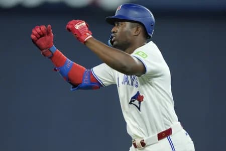 Toronto Blue Jays left fielder Jesus Sanchez (12) reacts after hitting a single against the Philadelphia Phillies during the ninth inning at Rogers Centre.