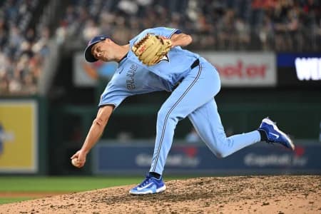 Toronto Blue Jays pitcher Tyler Rogers (71) throws a pitch against the Washington Nationals during the seventh inning at Nationals Park.