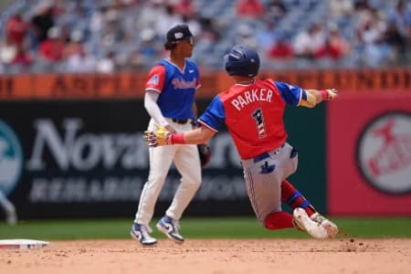 American League infielder Jojo Parker (1) slides into second after hitting an RBI double against National League in the seventh inning at Citizens Bank Park.