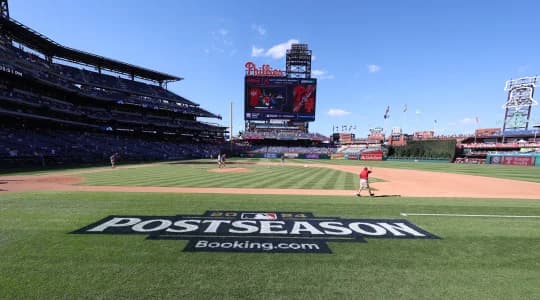 A general view of the postseason logo on the field before game one of the NLDS for the 2024 MLB Playoffs between the New York Mets and Philadelphia Phillies at Citizens Bank Park.