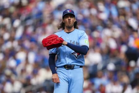 Toronto Blue Jays pitcher Kevin Gausman (34) celebrates after throwing a strike against the St. Louis Cardinals during the fourth inning at Rogers Centre.