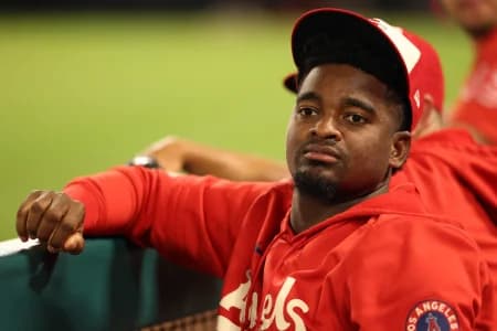 Los Angeles Angels pitcher Jose Soriano (59) watches from the dugout during the seventh inning against the Milwaukee Brewers at Angel Stadium