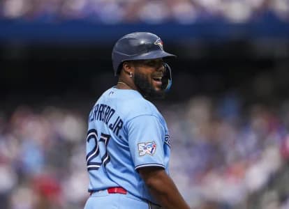 Toronto Blue Jays first baseman Vladimir Guerrero Jr. (27) looks against the St. Louis Cardinals during the third inning at Rogers Centre.