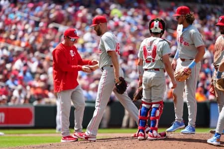 Philadelphia Phillies manager Rob Thomson (59) takes out pitcher Zach Wheeler (45) from the game during the fifth inning against the Baltimore Orioles at Oriole Park at Camden Yards