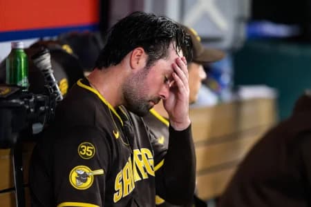 San Diego Padres pitcher Matt Waldron (61) looks on after a pitching change during the fourth inning against the Los Angeles Angels at Angel Stadium