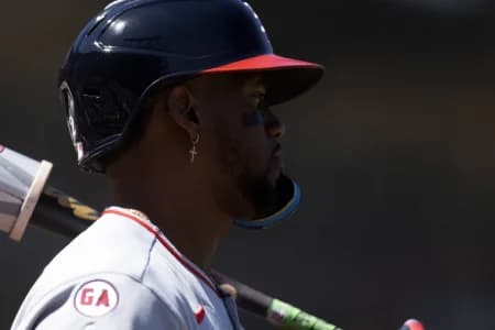 Los Angeles Angels designated hitter Jorge Soler (12) waits to take his turn at bat against the San Francisco Giants during the eighth inning at Oracle Park