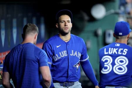 Toronto Blue Jays designated hitter George Springer (4) in the dugout prior to the game against the Houston Astros at Daikin Park.