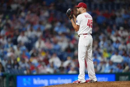 Philadelphia Phillies starting pitcher Zack Wheeler (45) stand on the mound against the Los Angeles Dodgers in the fifth inning at Citizens Bank Park