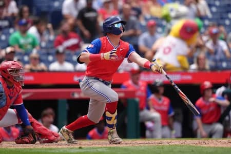 American League infielder Jojo Parker (1) hits an RBI double against National League in the seventh inning at Citizens Bank Park.