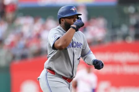Toronto Blue Jays first baseman Vladimir Guerrero Jr. (27) runs the bases after hitting a home run against the Philadelphia Phillies during the first inning at Citizens Bank Park.