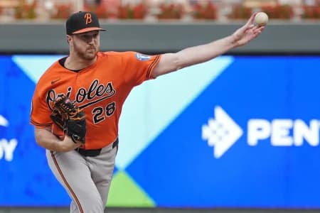 Baltimore Orioles starting pitcher Trevor Rogers (28) throws to the Minnesota Twins in the second inning at Target Field.