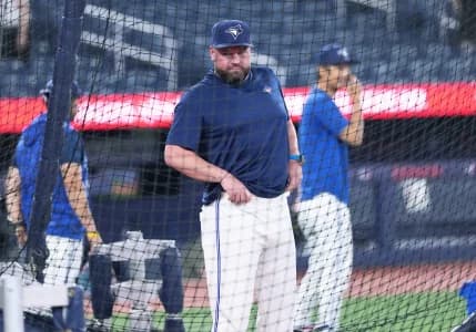 Toronto Blue Jays manager John Schneider (14) oversees the batting practice before a game against the Boston Red Sox at Rogers Centre.