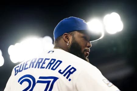 Toronto Blue Jays first baseman Vladimir Guerrero Jr. (27) looks on against the Boston Red Sox during the ninth inning at Rogers Centre.