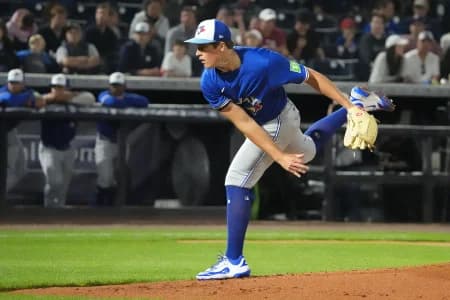 Toronto Blue Jays pitcher Jake Bloss (39) throws a pitch against the New York Yankees during the first inning at George M. Steinbrenner Field.