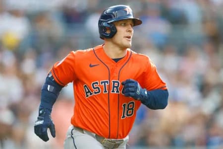 Houston Astros center fielder Daulton Varsho (18) hits a two-run home run during the second inning against the San Diego Padres at Petco Park.