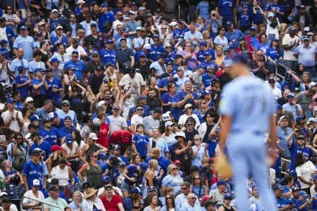 Toronto Blue Jays fans cheer on as Toronto Blue Jays pitcher Tyler Rogers (71) pitches against the St. Louis Cardinals during the ninth inning at Rogers Centre.