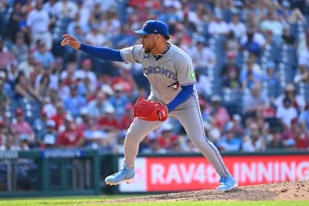 Toronto Blue Jays pitcher Lazaro Estrada (60) throws a pitch during the twelfth inning against the Philadelphia Phillies during the sixth inning at Citizens Bank Park.
