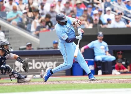 Toronto Blue Jays left fielder Daz Cameron (23) hits a RBI double against the New York Yankees during the fifth inning at Rogers Centre.