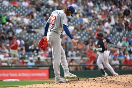 Chicago Cubs pitcher Kevin Gausman (12) reacts after giving up a three run home run to Washington Nationals first baseman Abimelec Ortiz (81) during the fifth inning at Nationals Park