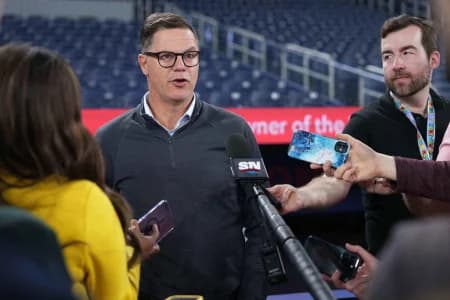 Toronto Blue Jays general manager Ross Atkins addresses the media before a game against the Tampa Bay Rays at Rogers Centre.