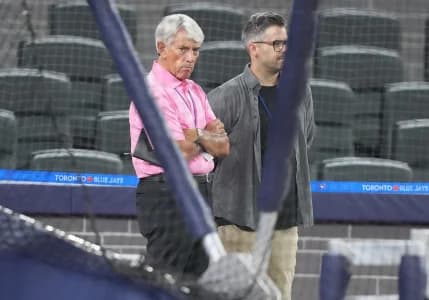 Toronto Blue Jays color commentator Buck Martinez watches batting practice before game between the Boston Red Sox and theToronto Blue Jays at Rogers Centre