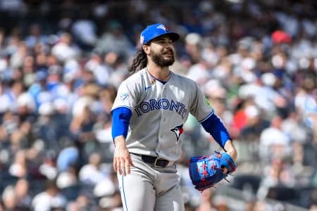 Toronto Blue Jays pitcher Dylan Cease (84) reacts during the sixth inning against the New York Yankees at Yankee Stadium.