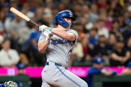 Toronto Blue Jays designated hitter Sean Keys (20) takes a swing during an at-bat against the Seattle Mariners at T-Mobile Park.