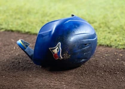 Detailed view of the batting helmet of Toronto Blue Jays first baseman Vladimir Guerrero Jr. in the first inning against the Arizona Diamondbacks at Chase Field