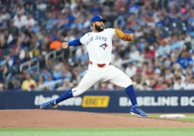 Toronto Blue Jays relief pitcher Simeon Woods Richardson (10) throws a pitch during the fifth inning against the Boston Red Sox at Rogers Centre