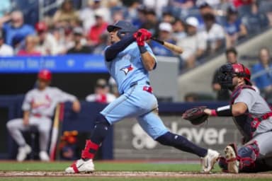 Toronto Blue Jays second baseman Luis Urías (48) hits a sacrifice fly during the fourth inning against the St. Louis Cardinals at Rogers Centre.