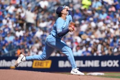 Toronto Blue Jays relief pitcher Ricky Tiedemann (33) throws a pitch against the New York Yankees during the second inning at Rogers Centre.