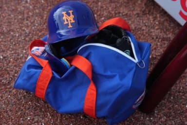 Detail photo of Mets helmet during workouts at spring training.