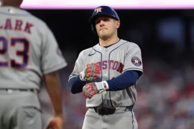 Houston Astros outfielder Daulton Varsho (18) reacts after hitting a single against the Philadelphia Phillies in the third inning at Citizens Bank Park.