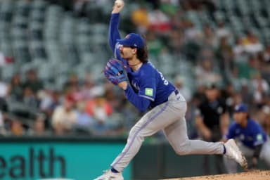 Toronto Blue Jays starting pitcher Dylan Cease (84) throws a pitch against the Athletics during the first inning at Sutter Health Park.