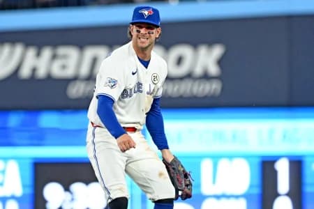 Toronto Blue Jays second baseman Ernie Clement (22) reacts after throwing out Detroit Tigers catcher Eduardo Valencia (not shown) in the second inning at Rogers Centre