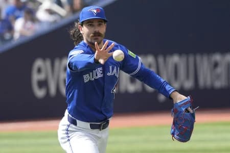 Toronto Blue Jays starting pitcher Dylan Cease (84) throws out Baltimore Orioles first baseman Pete Alonso (not pictured) at first base during the third inning at Rogers Centre.