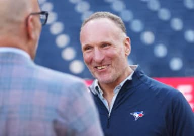 Toronto Blue Jays president and chief executive officer Mark Shapiro speaks with the media during batting practice before a game against the Baltimore Orioles at Rogers Centre.