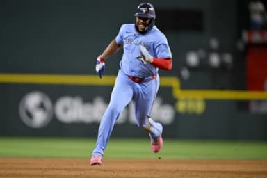 Toronto Blue Jays first baseman Vladimir Guerrero Jr. (27) runs to third base during the eighth inning against the Texas Rangers at Globe Life Field