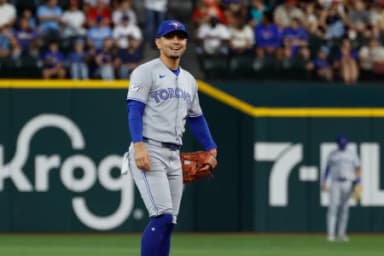 Toronto Blue Jays shortstop Andres Gimenez (0) looks on between plays during the second inning against the Texas Rangers at Globe Life Field.