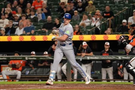 Toronto Blue Jays designated hitter Sean Keys (20) strikes out during the ninth inning at Oriole Park at Camden Yards