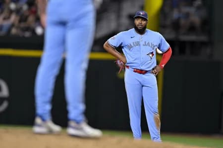 Toronto Blue Jays first baseman Vladimir Guerrero Jr. (27) looks on during the eighth inning against the Texas Rangers at Globe Life Field.
