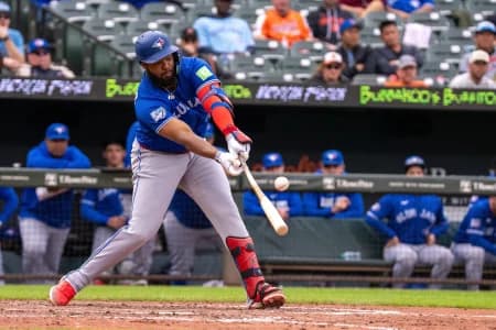 Toronto Blue Jays first baseman Vladimir Guerrero Jr. (27) pops out to short stop during the seventh inning at Oriole Park at Camden Yards