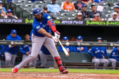 Toronto Blue Jays first baseman Vladimir Guerrero Jr. (27) pops out to short stop during the seventh inning at Oriole Park at Camden Yards