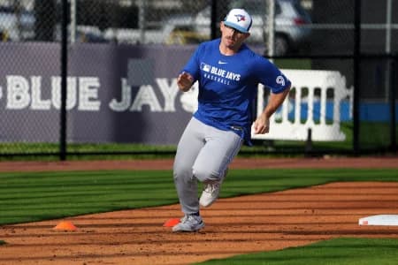 Toronto Blue Jays catcher Robert Brooks (92) runs the bases during spring training practice at TD Ballpark.