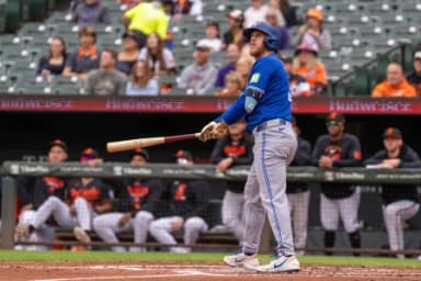 Toronto Blue Jays outfielder Myles Straw (3) pops out to short stop during the second inning at Oriole Park at Camden Yards.