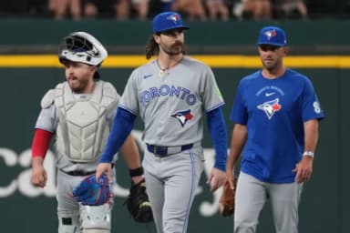 Toronto Blue Jays pitcher Dylan Cease (84) walks in from the bullpen prior to his start against the Texas Rangers at Globe Life Field.
