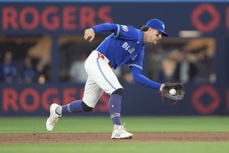 Toronto Blue Jays second baseman Ernie Clement (22) catches a ground ball hit by Detroit Tigers center fielder Max Clark (not pictured)during the second inning at Rogers Centre.